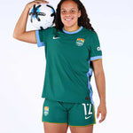 Person wearing a green sports uniform holding a soccer ball on a white background