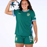 Person wearing a green sports uniform holding a soccer ball on a white background