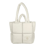 Beige quilted tote bag with a logo on a white background